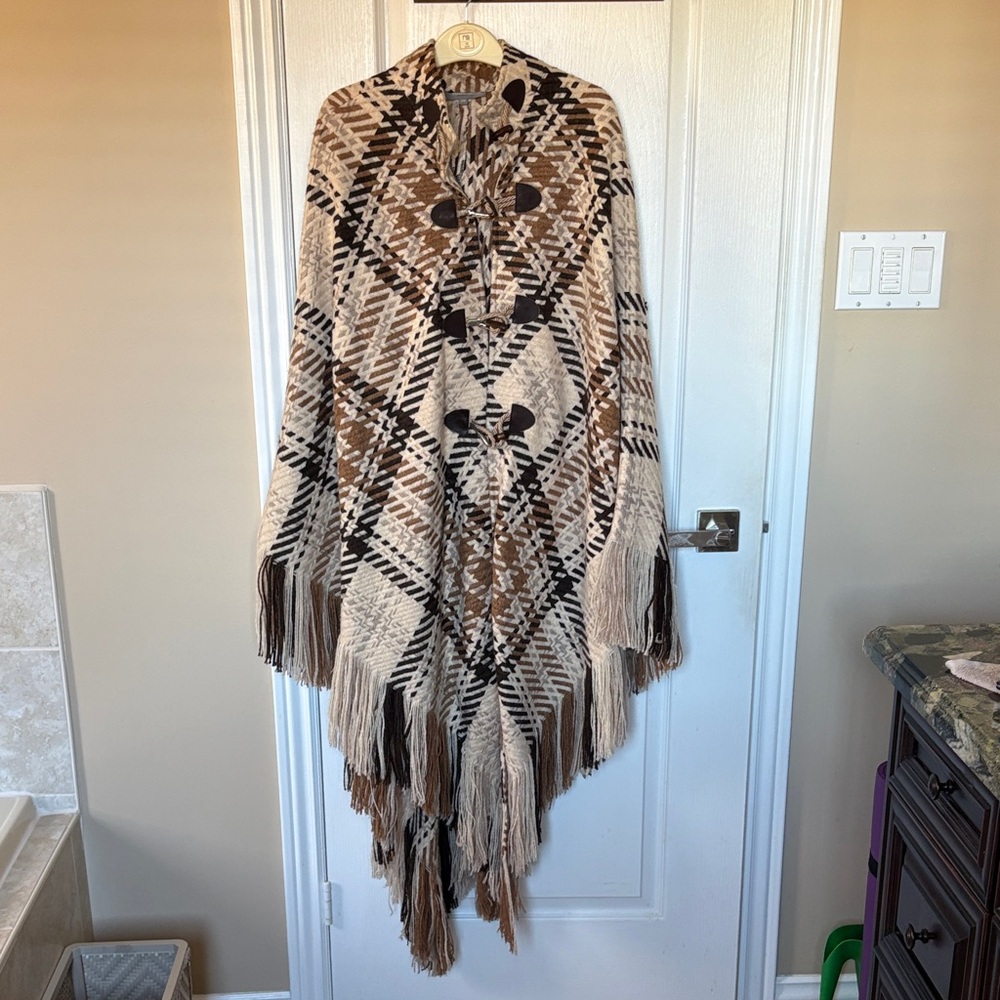 Plaid Fringe Poncho - Brown and Cream